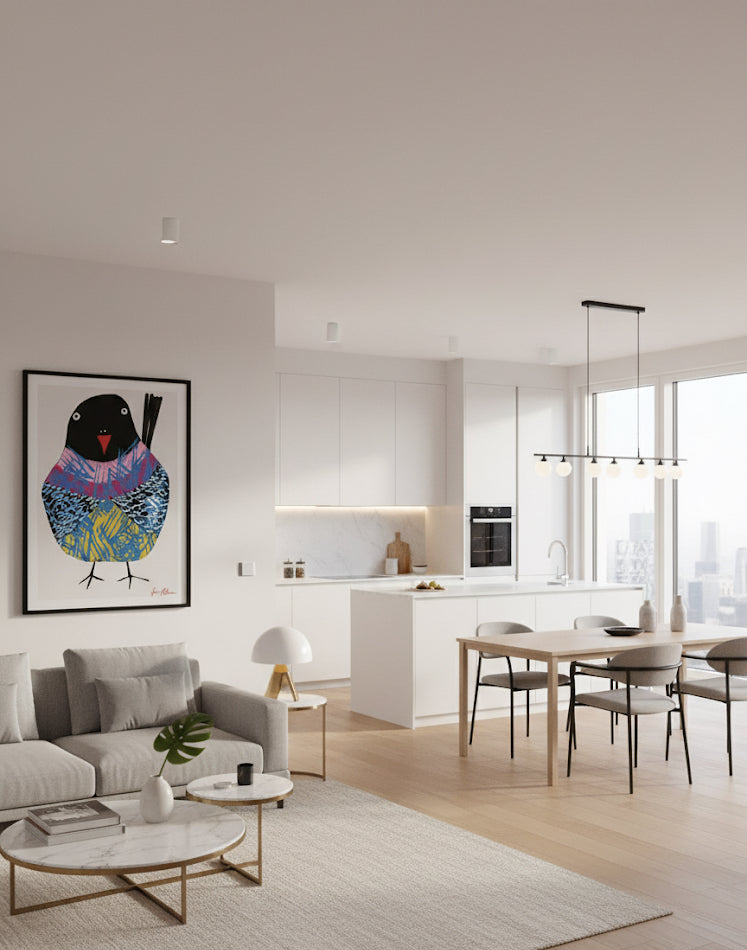 Ethereal wings whimsical modern bird art print In a open plan living room