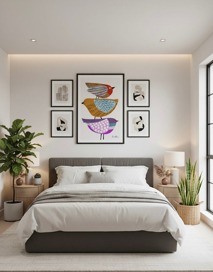 Stack of Birds A Celebration of Balance and Beauty Three stylised birds with colourful patterns on a white background
In a modern bedroom