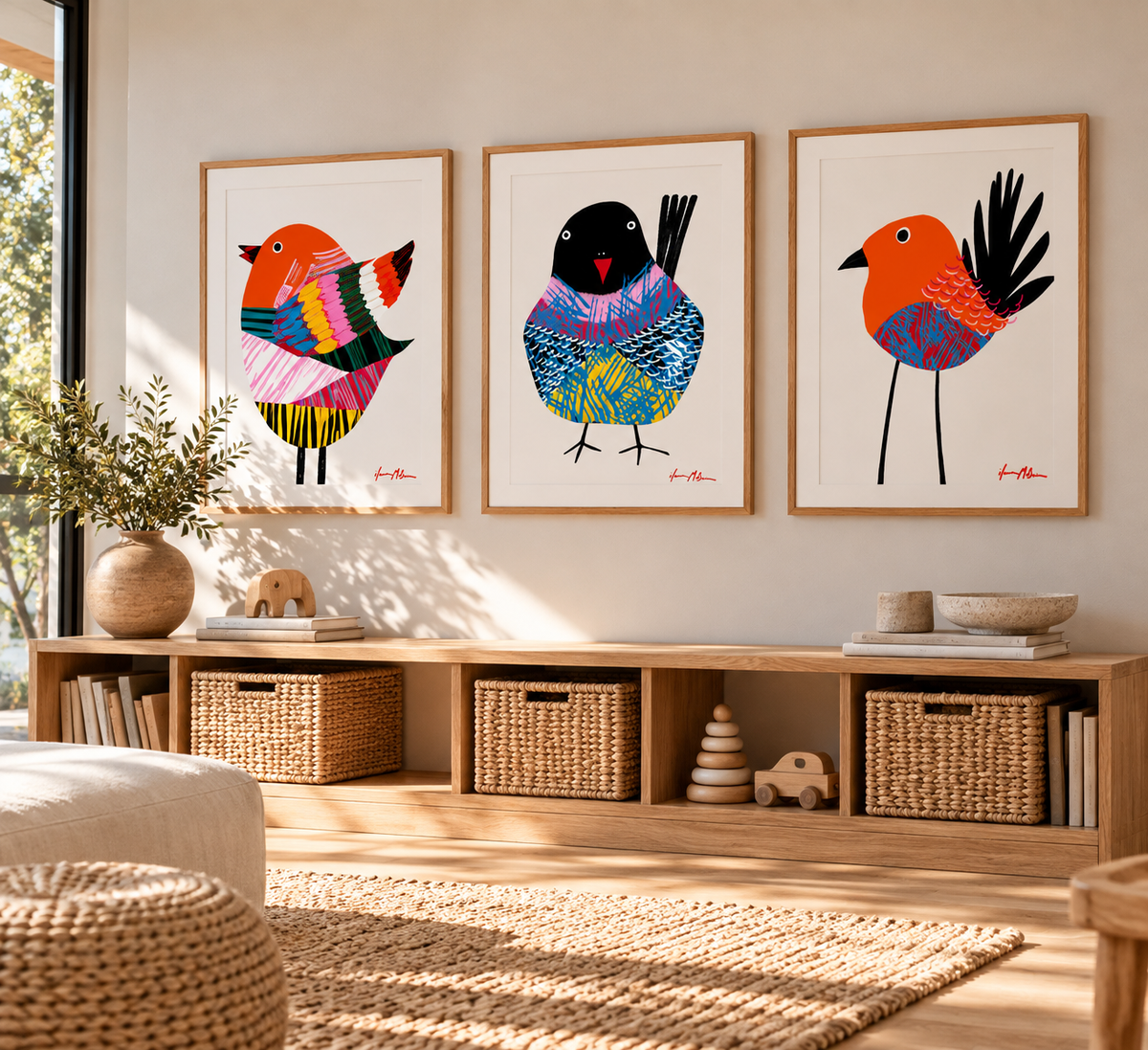 Flap, Snap, and Soar colourful bird art print displayed with contemporary bird prints in a warm modern interior