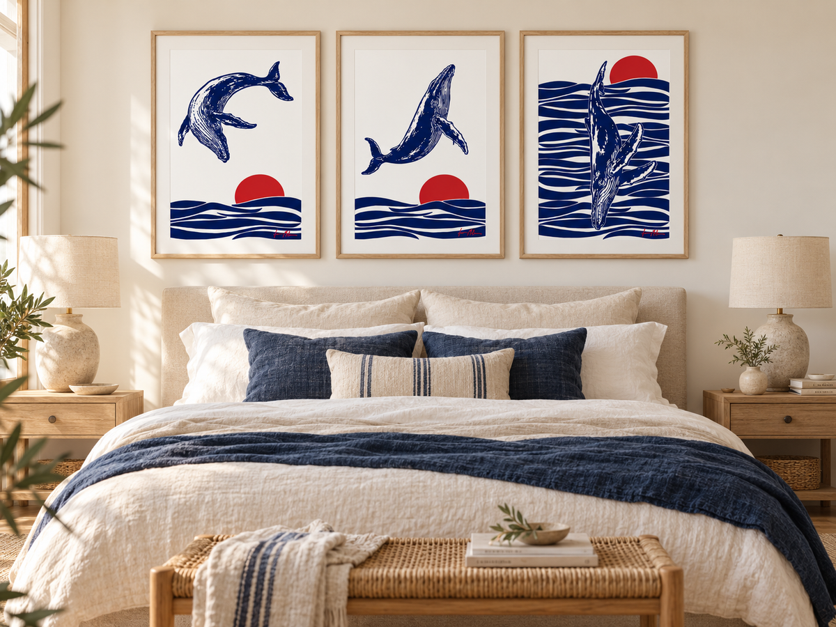 The Turning, The Leap and Between the Sun and the Sea humpback whale art prints by Ilana McBain displayed as a three-piece coastal bedroom gallery wall.