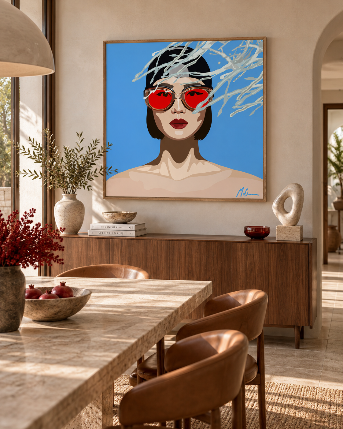 Crimson Perspective by Ilana McBain displayed in a contemporary living room with sculptural furniture, warm neutral tones and rust-coloured accents.