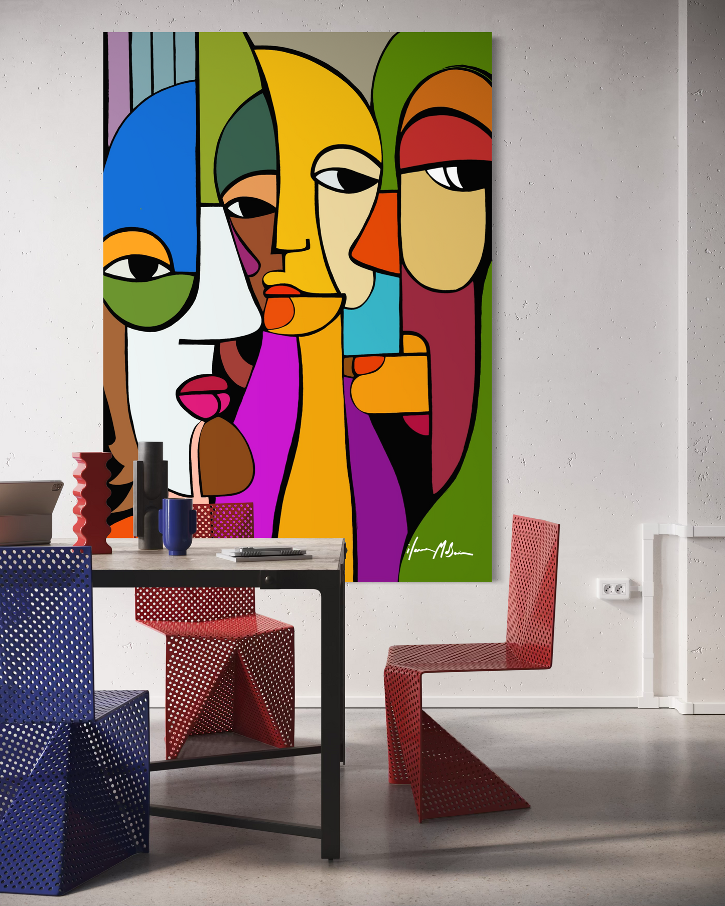 Held Gaze contemporary abstract faces painting by Ilana McBain from the Forms of Connections series, colourful geometric pop art portrait displayed as large statement wall art in a modern creative studio interior.
