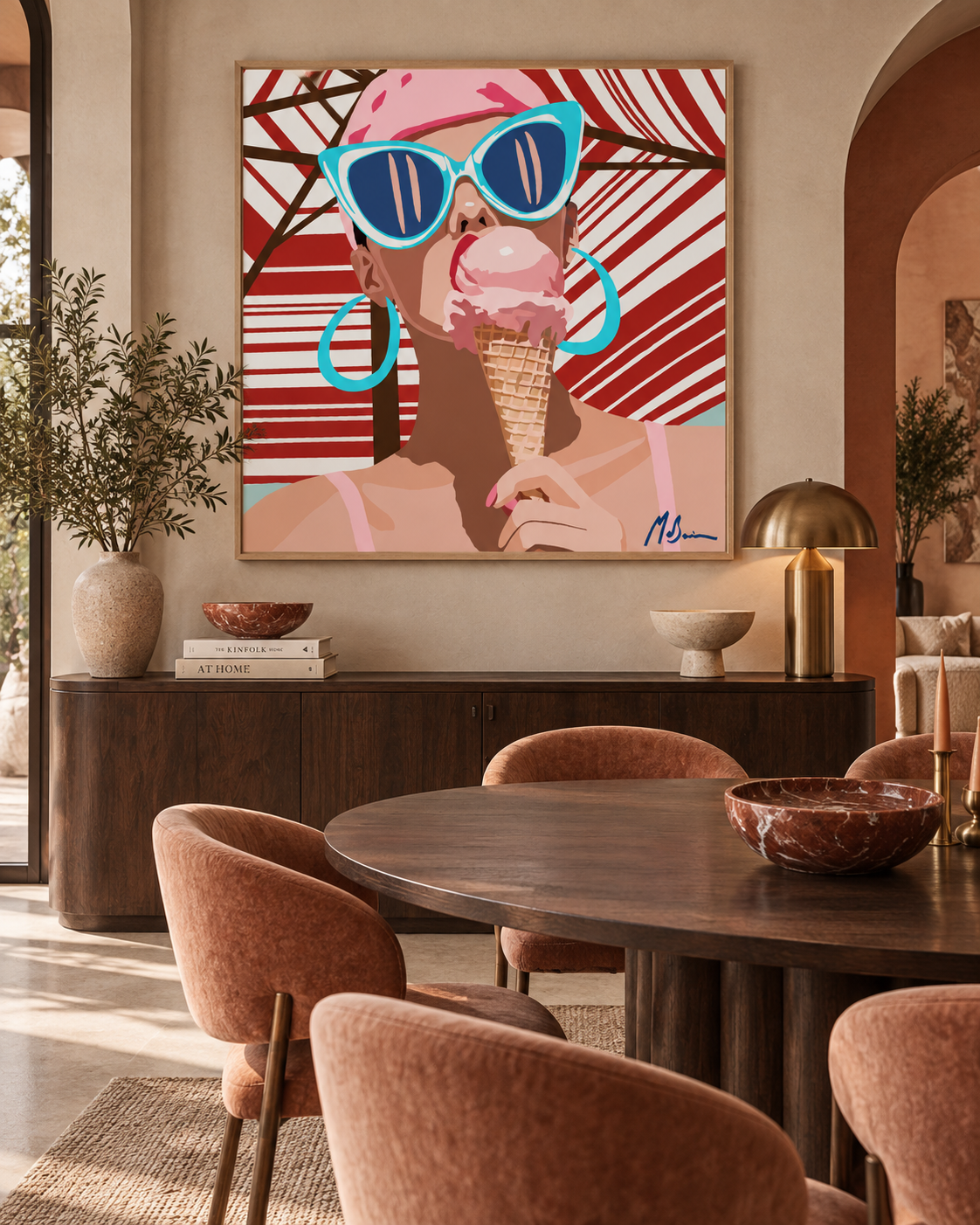 Salt, Sugar and the Sea by Ilana McBain displayed in a warm modern dining room with timber furniture, earthy tones and natural light.