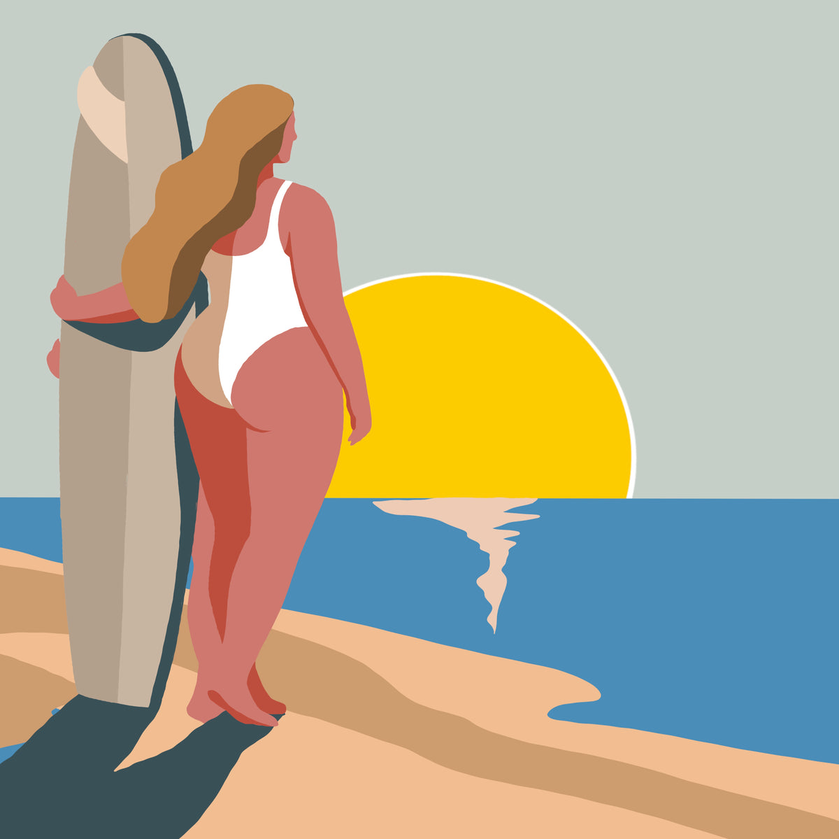 Thank You Ocean by Ilana McBain, contemporary surf artwork of a woman standing with a surfboard at sunset by the sea