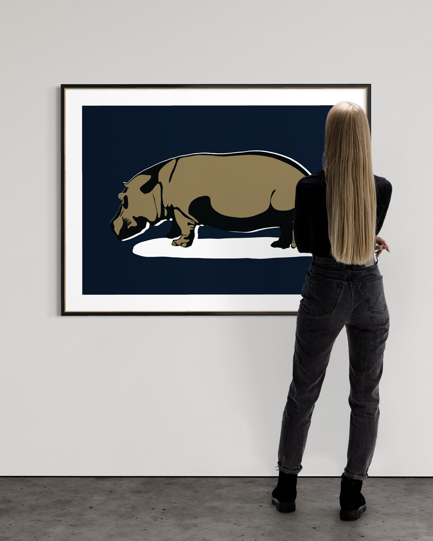 Large hippo wall art titled Unapologetically Solid Midnight Blue by Ilana McBain.