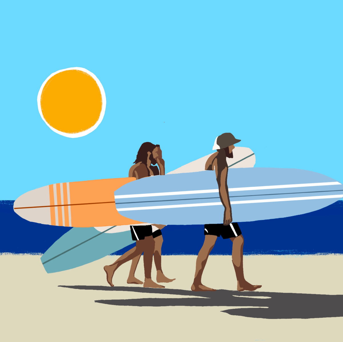 Wave Chasers by Ilana McBain, contemporary Australian surf artwork showing surfers carrying longboards along the beach