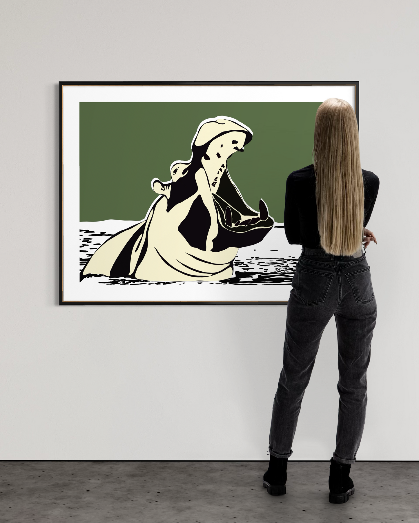 Contemporary hippo artwork Not Here to Shrink by Australian artist Ilana McBain shown on gallery wall for scale
