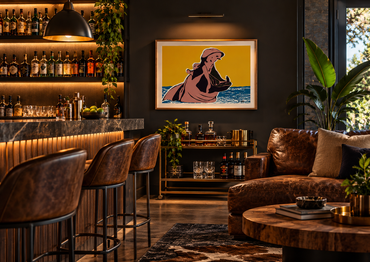 Not Here to Shrink hippo art print by Ilana McBain displayed in a sophisticated man cave bar with dark walls, timber cabinetry, leather seating and warm ambient lighting.