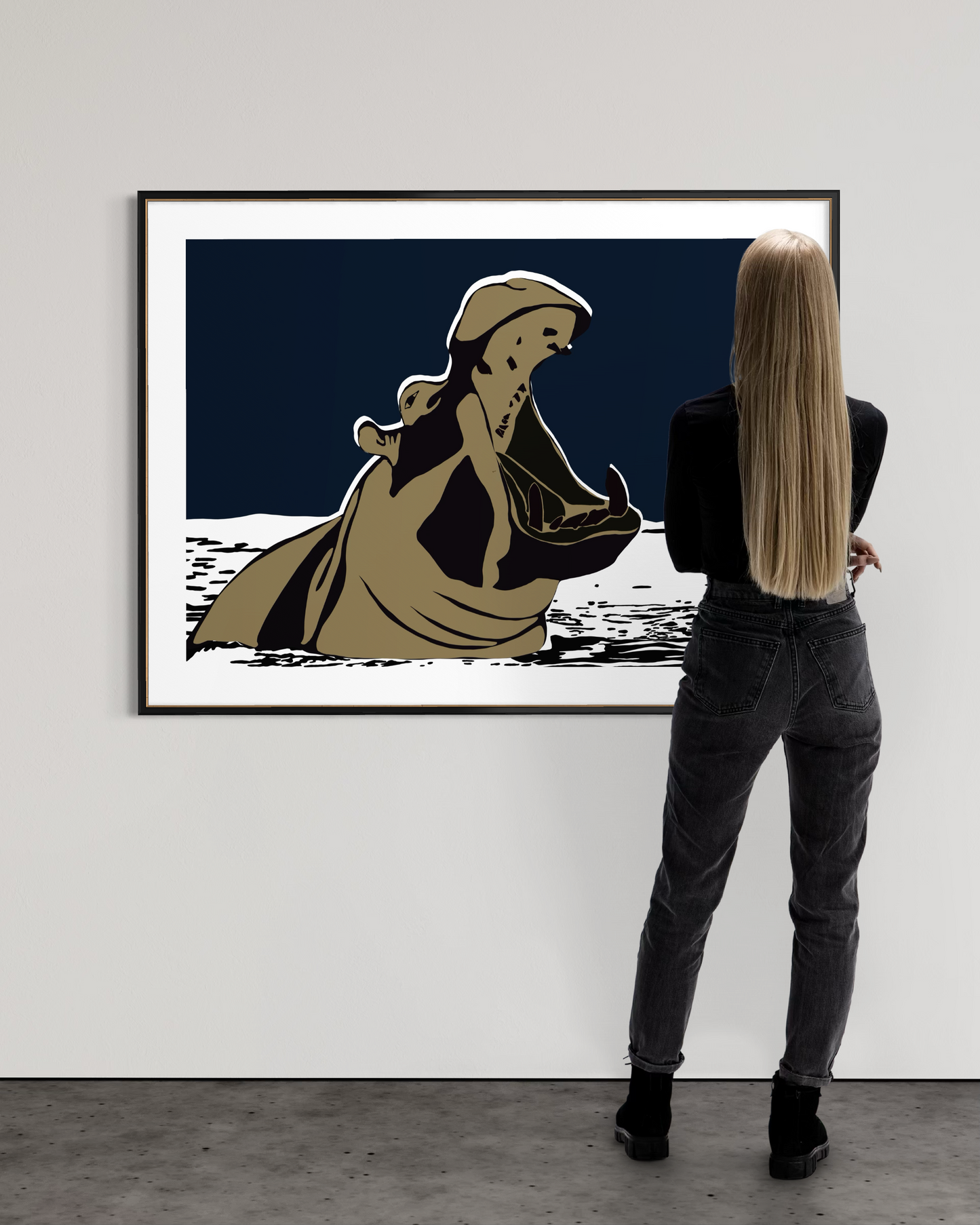 Modern wildlife wall art featuring hippo illustration Not Here to Shrink by Ilana McBain