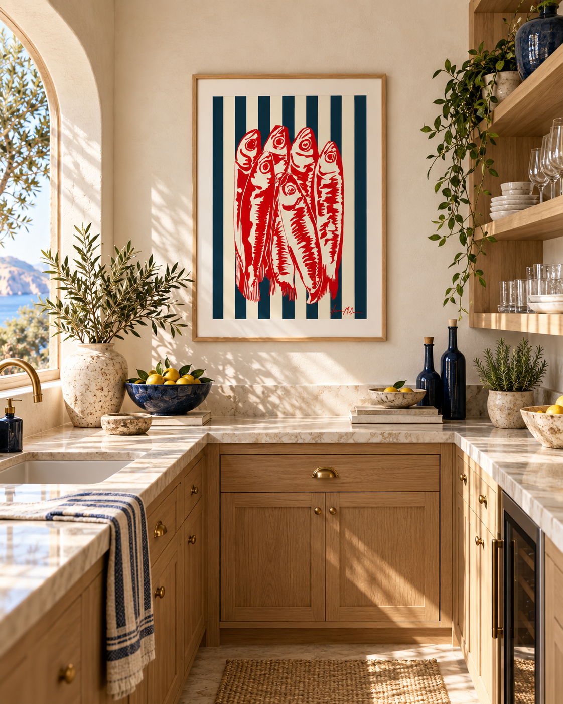 Riviera Sardines navy stripe art print displayed in a warm Mediterranean butler pantry with timber cabinetry, stone surfaces and navy styling accents.