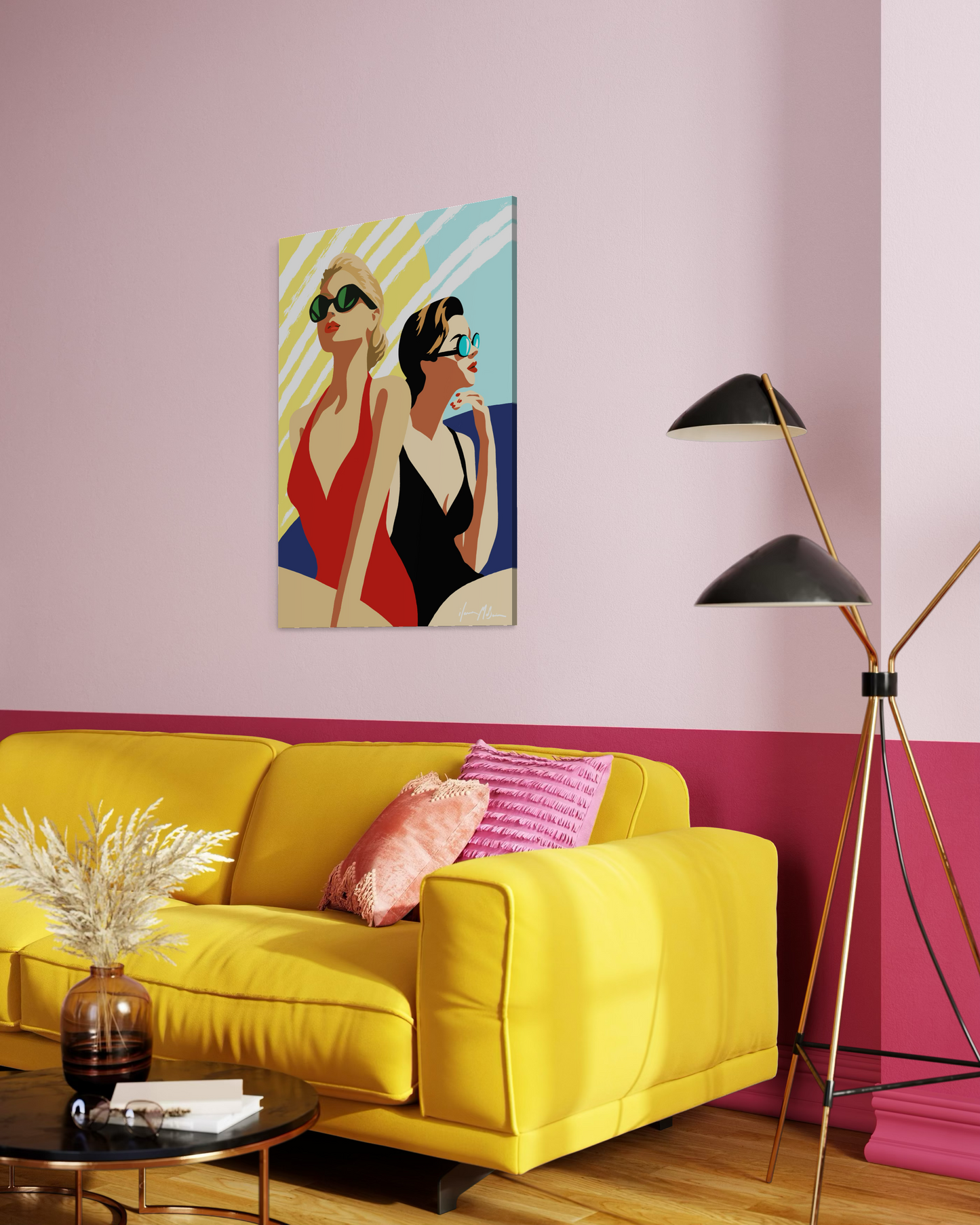 Modern coastal artwork “Sun Salt and Attitude” by Ilana McBain displayed in bright beach house interior mock-up inspired by surf culture and carefree seaside energy. Side view.