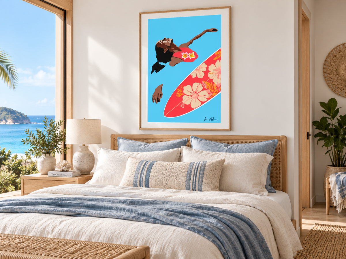 Surf Serenity contemporary surf art print by Ilana MoBain in birch frame with white mat board styled in a bright modern bedroom