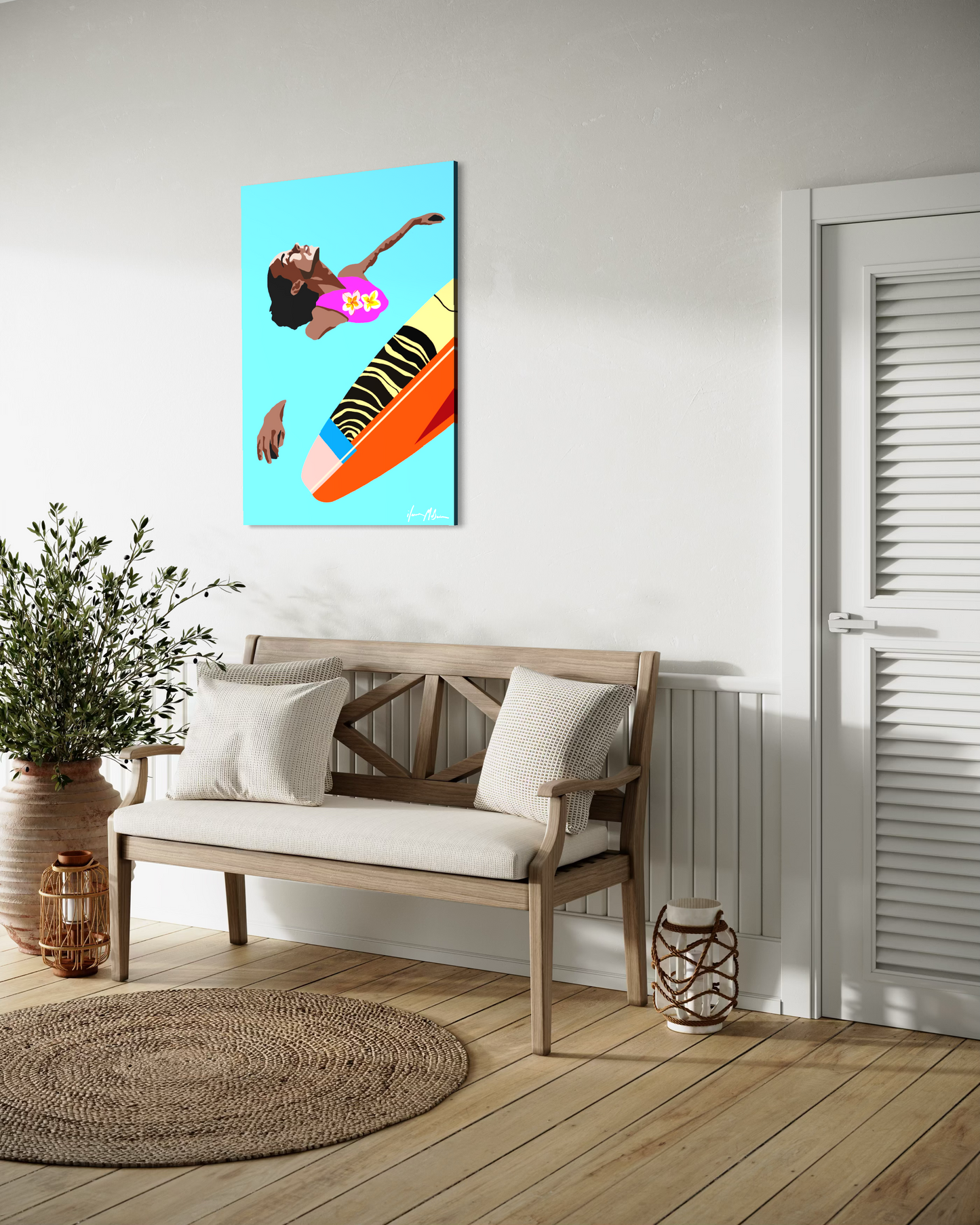Modern surf inspired artwork “Surf Serenity” by Ilana McBain displayed in calm coastal interior mock-up reflecting peaceful ocean rhythm and surf lifestyle. Side view.