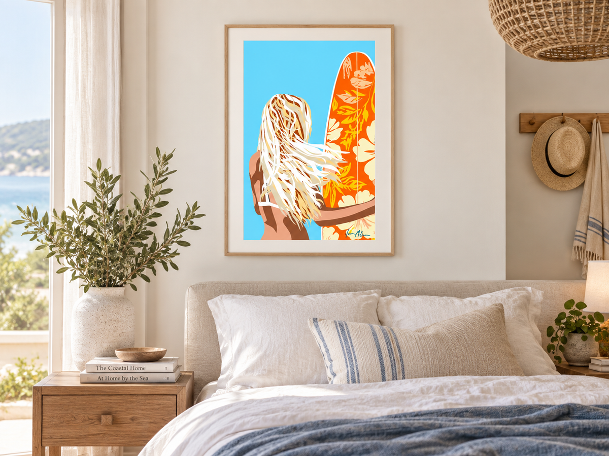 Surf Whisperer contemporary surf art print by Ilana McBain in birch frame with white mat board styled in a bright modern bedroom