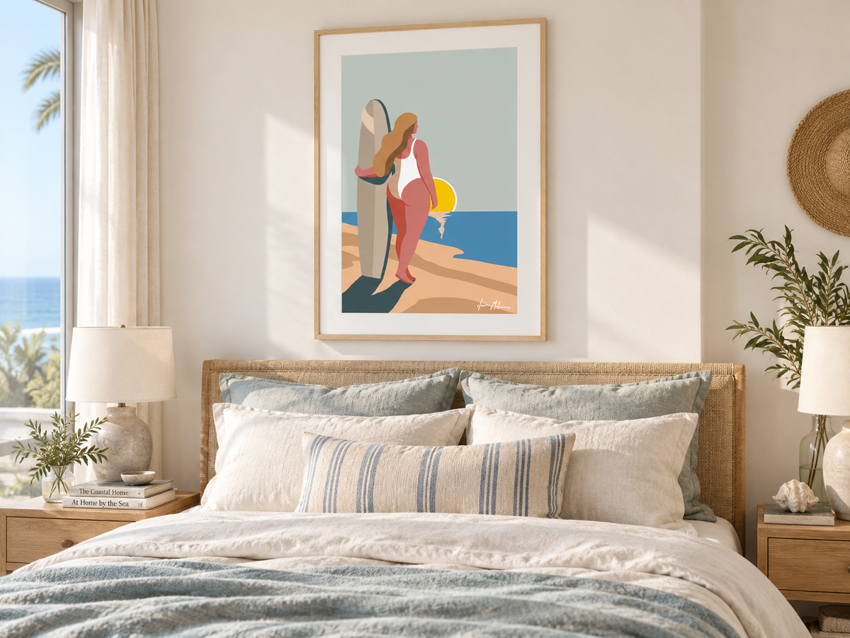 Thank You Ocean contemporary surf art print by Ilana McBain in a birch frame with white mat board styled in a bright modern coastal bedroom