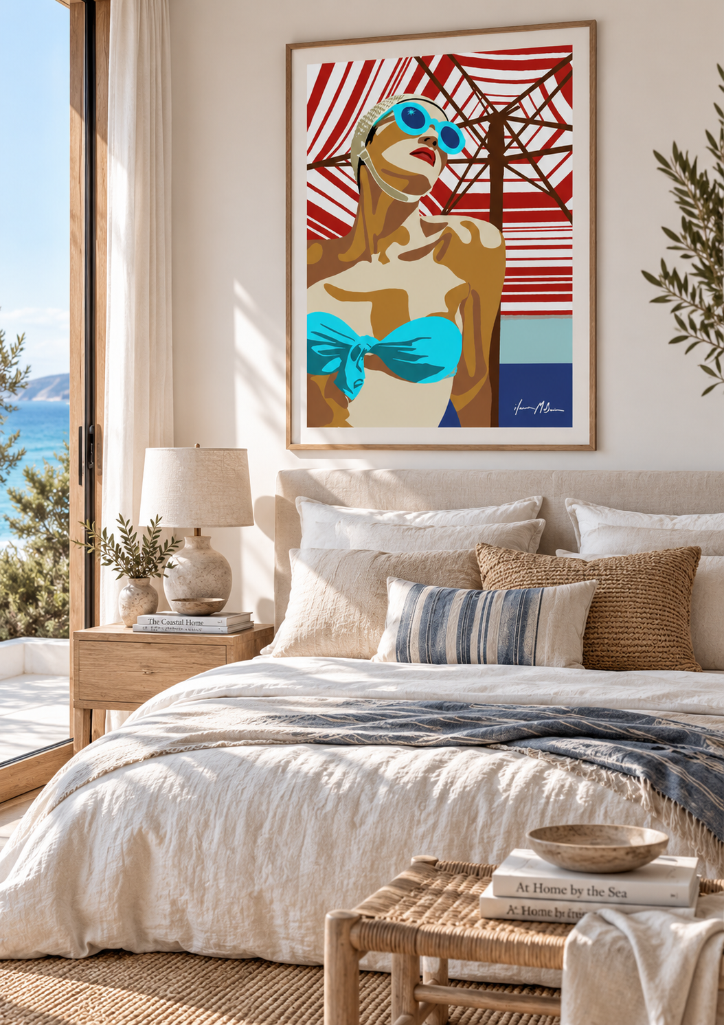 The 1950’s Heatwave contemporary beach art print by Ilana McBain displayed in a bright coastal bedroom.