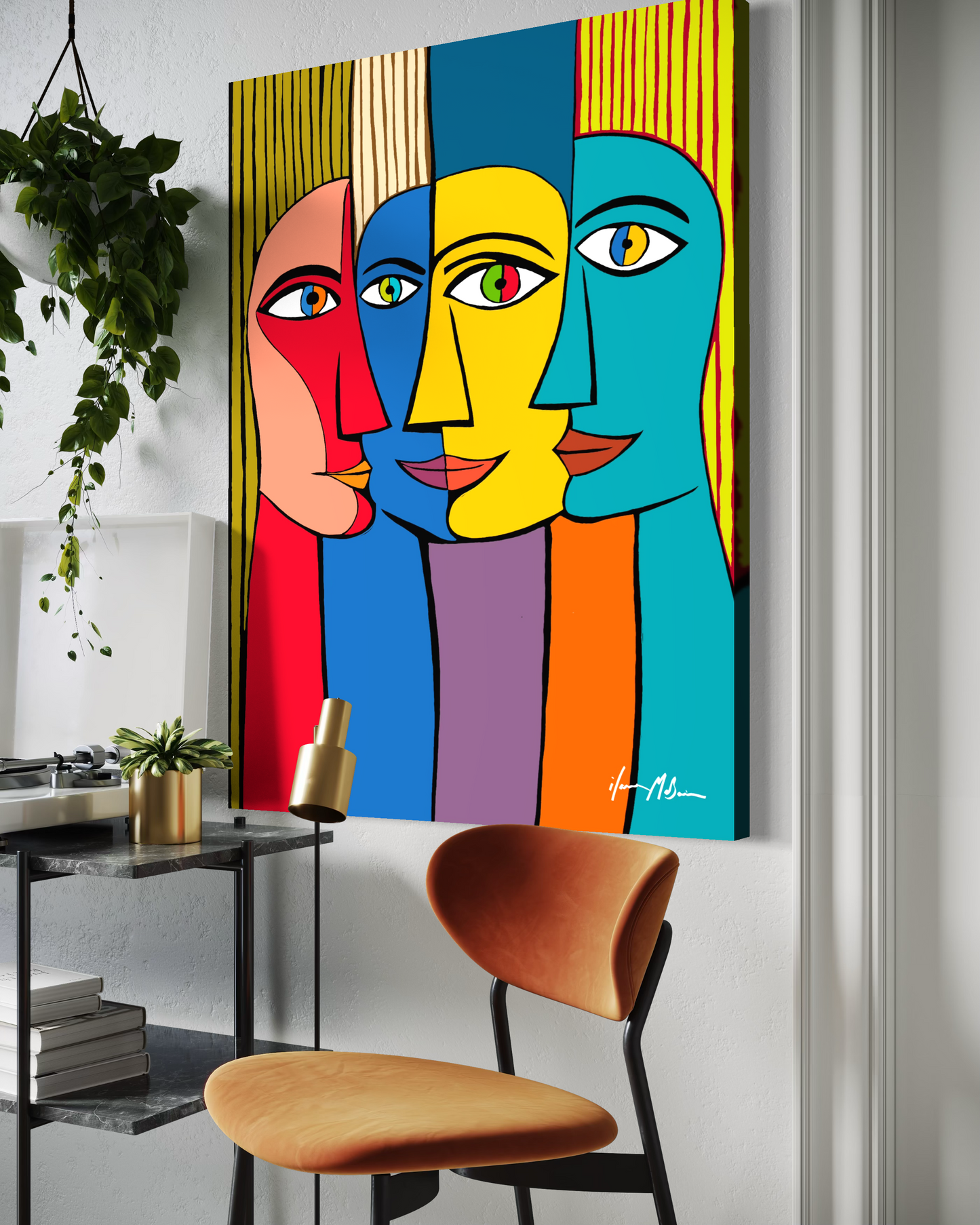 Contemporary abstract artwork “The Space Where We Meet” by Ilana McBain displayed in modern interior mock-up exploring the psychological space between people. Side view.