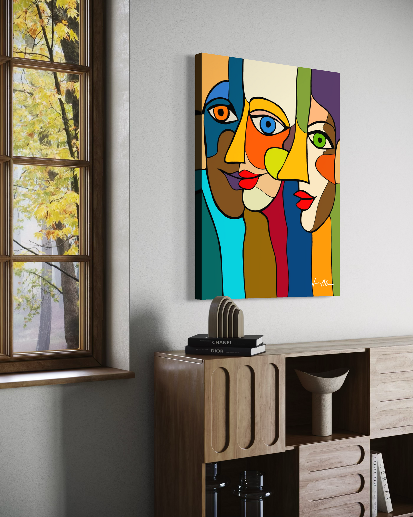 Modern abstract figurative painting “The Unspoken Line” by Ilana McBain presented in elegant interior mock-up illustrating the subtle boundary between individuals.