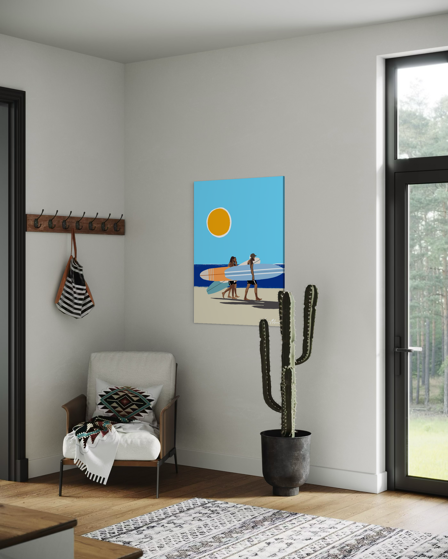 Contemporary surf lifestyle artwork “Wave Chasers” by Ilana McBain displayed in modern coastal interior mock-up capturing the excitement of chasing waves. Side view.