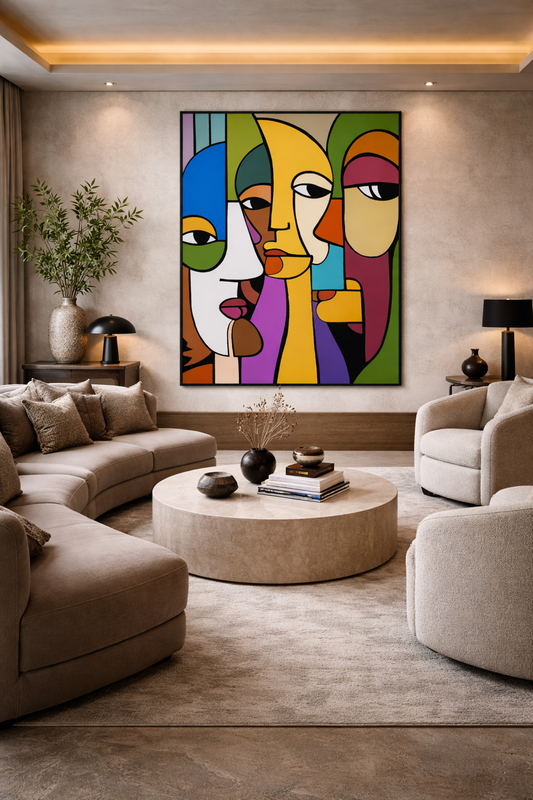 Held Gaze by Ilana McBain, 170 x 240 cm monumental oil painting displayed in a refined contemporary living room with curved sofa, sculptural armchairs and neutral textured interior.