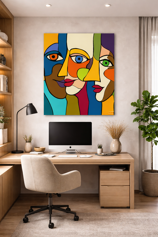 77 x 102 cm vertical canvas print from the “Forms of Connections” collection displayed in a contemporary modern home office. The artwork features three overlapping abstract faces in bold geometric shapes with vibrant tones of blue, orange, yellow, green, red, and teal outlined in black. It hangs proportionally above a light timber desk styled with a desktop computer, keyboard, matching accessories, a minimalist desk lamp, ceramic vessels, and a tall indoor plant. The neutral walls, built-in shelving, uphols