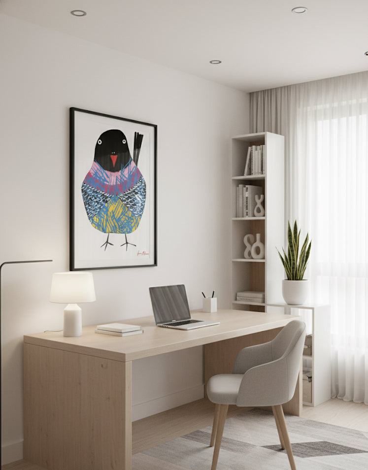 Ethereal wings whimsical modern bird art print In a home office