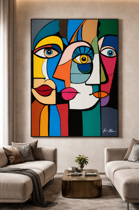 Colourful abstract forms of connections art piece on a wall in a living room setting.