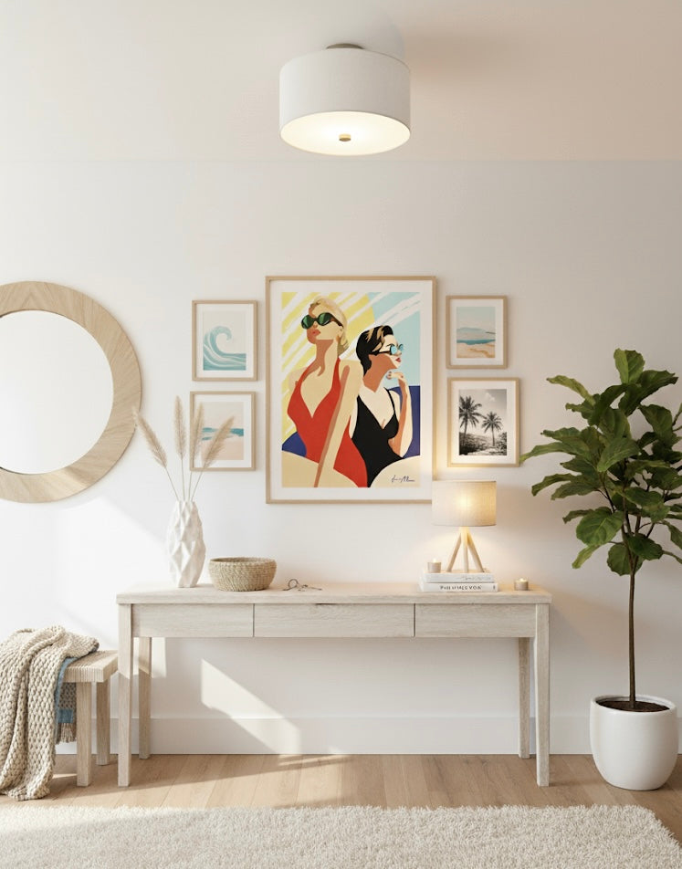 Two women in swimsuits and sunglasses against a colourful background, retro print As part of a gallery on an entrance hall wall.