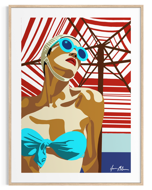 1950s Heat Wave artwork by Australian artist Ilana McBain showing a glamorous woman in retro swimwear and sunglasses enjoying the seaside under a striped umbrella. Contemporary coastal pop art print inspired by vintage beach culture.
