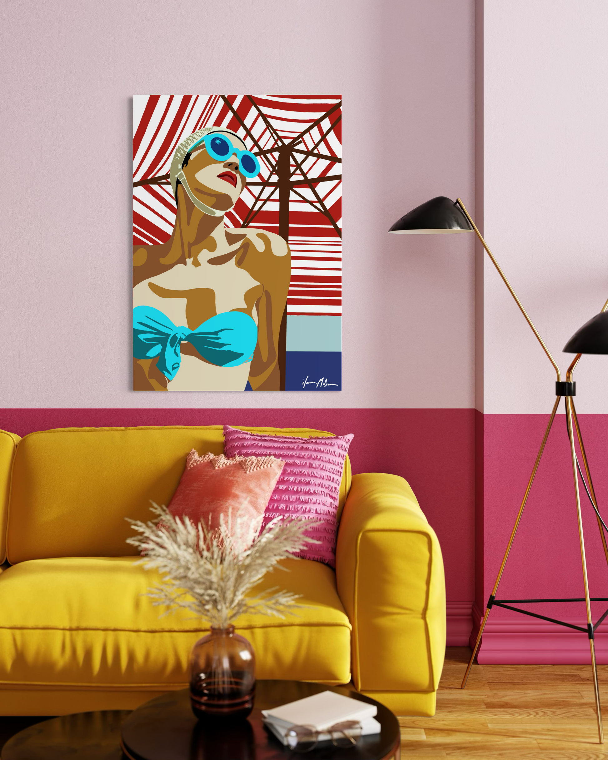 Retro inspired coastal artwork “1950’s Heat Wave” by Ilana McBain displayed in stylish beach interior mock-up celebrating vintage seaside culture.
