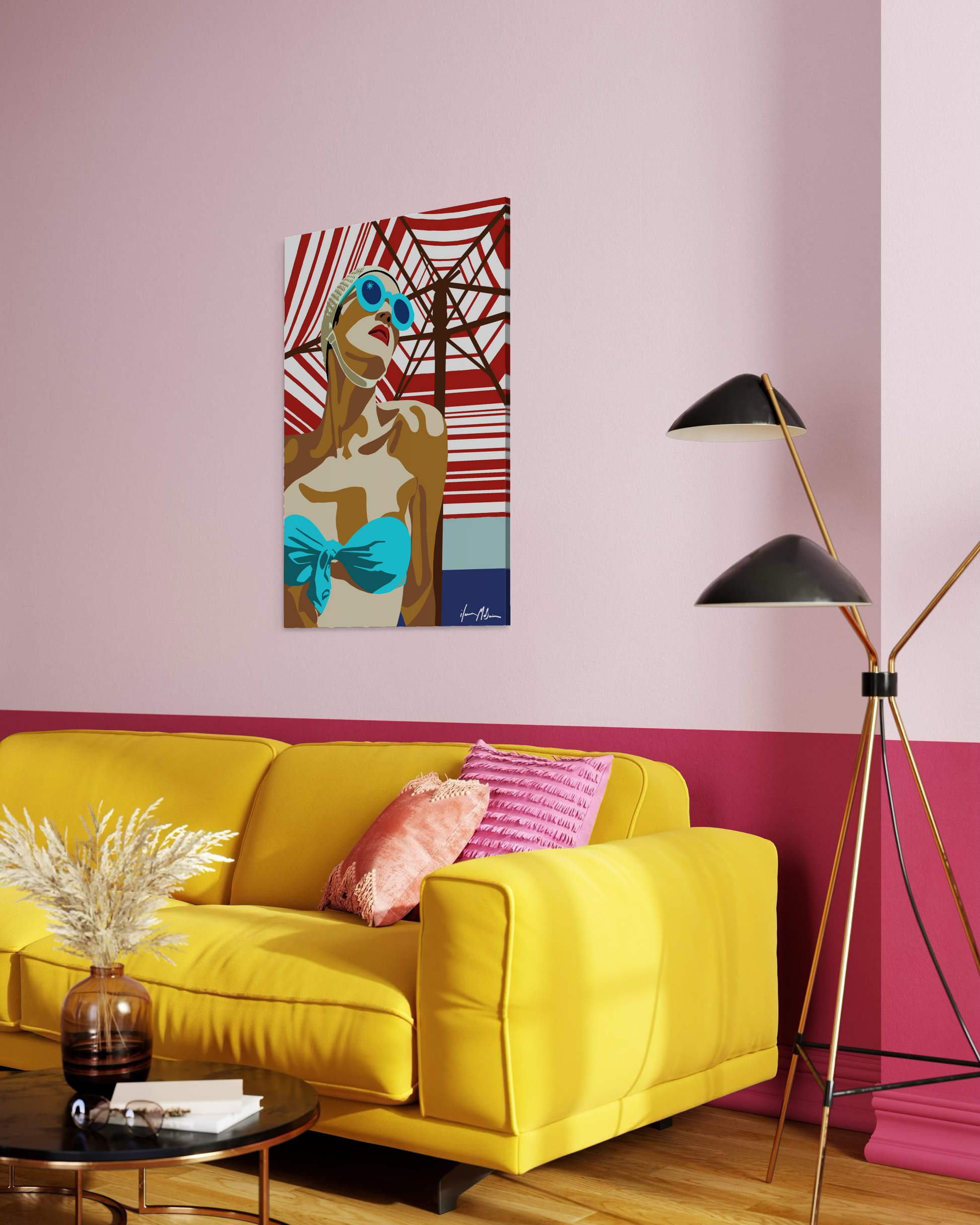 Retro inspired coastal artwork “1950’s Heat Wave” by Ilana McBain displayed in stylish beach interior mock-up celebrating vintage seaside culture. Side View.
