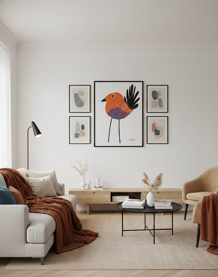 Feathered serenity - Bird art print By Ilana McBain. Feathered serenity - Bird art print By Ilana McBain. A graceful long legged red bird with multi coloured body and black tail. As a gallery in a cosy living room.