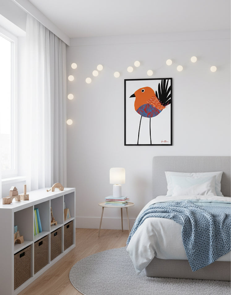 Feathered serenity - Bird art print By Ilana McBain. Feathered serenity - Bird art print By Ilana McBain. A graceful long legged red bird with multi coloured body and black tail. On a white wall In a kids bedroom.