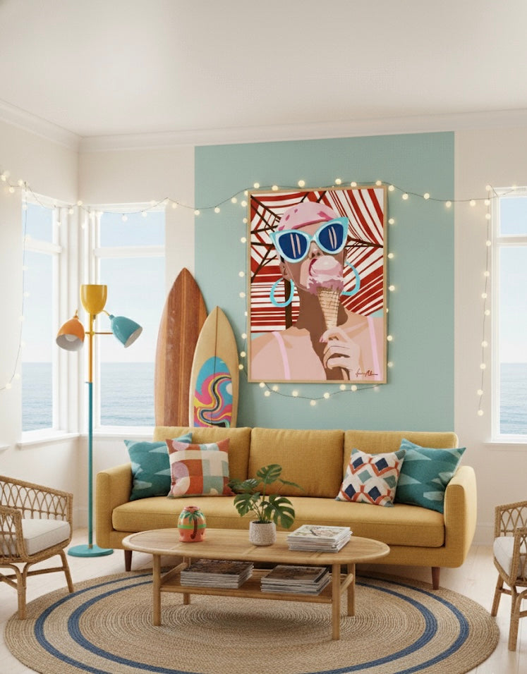 Fine art print of a girl wearing retro sunglasses and eating an ice cream cone against a striped beach umbrella background on a retro living room wall.