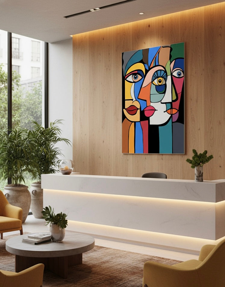 Abstract artwork of three stylised faces with colourful geometric shapes, in a reception room.
