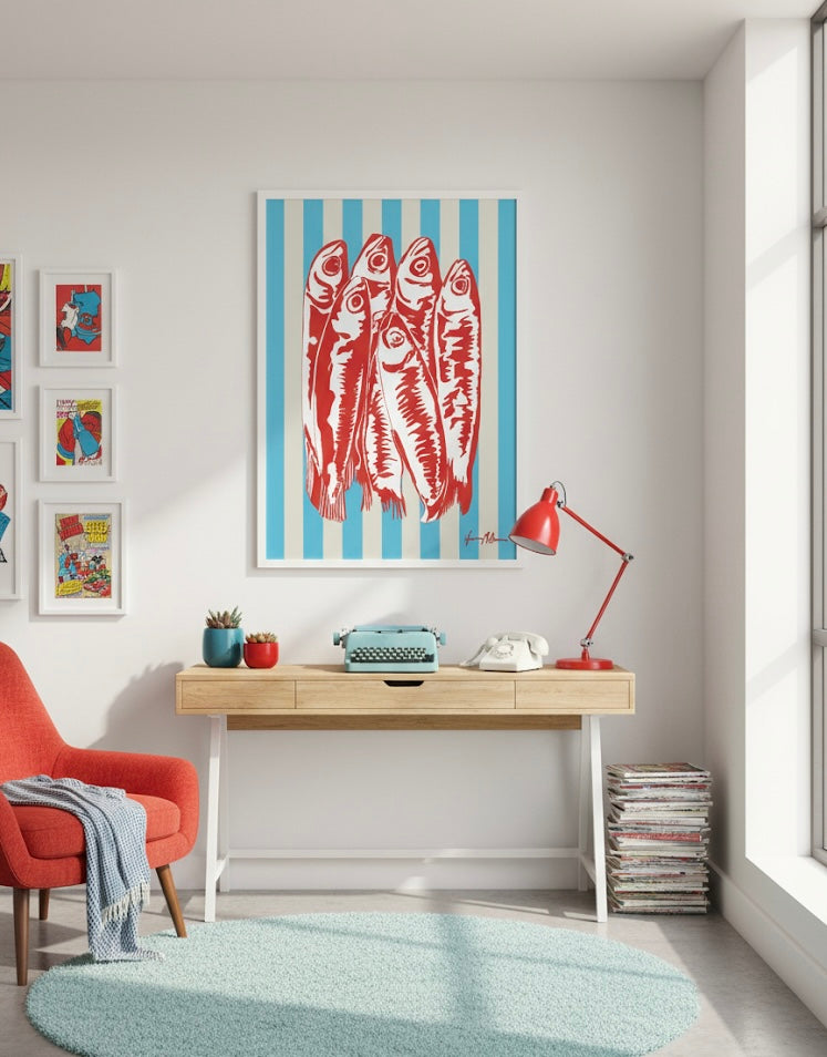 Red sardines art print illustration on a blue and beige striped background on a retro office wall.