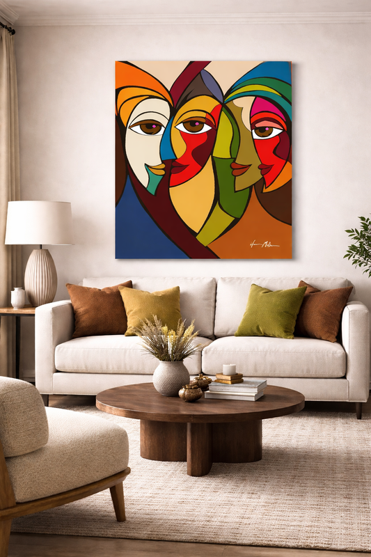 76 x 102 cm canvas print from the “Forms of Connections” collection displayed at correct scale above a neutral cream sofa in a refined modern living room. The artwork features three overlapping abstract female faces in bold geometric shapes with rich tones of orange, red, blue, olive green, mustard, and beige, outlined in black. The space is styled with textured cushions in earthy hues, a round timber coffee table with stacked books and ceramic decor, a sculptural table lamp, and soft natural light, creatin