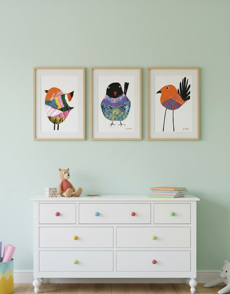 Three Colourful birds illustration with abstract patterns on a white background as a gallery in a kids bedroom