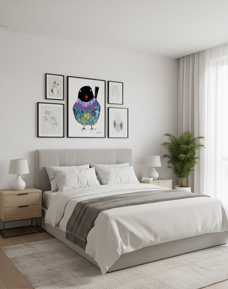 Ethereal wings whimsical modern bird art  print In a modern bedroom 