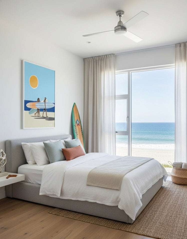 Three men with surfboards walking on a beach under a blue sky with a yellow sun. Poster on a coastal house bedroom.
