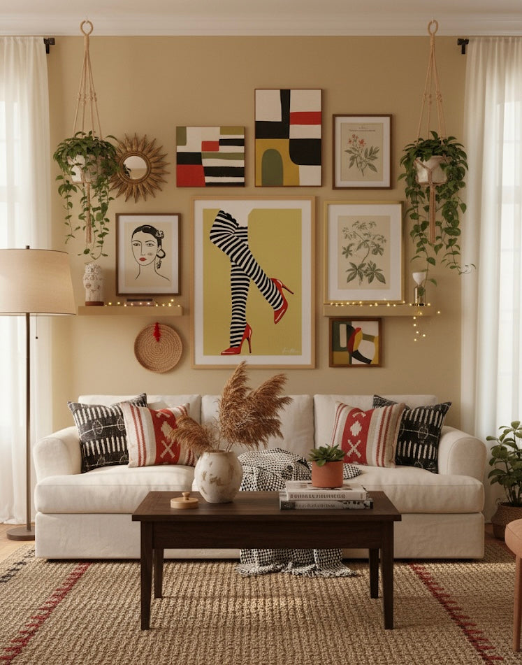 Art prints gallery, with a black and white striped stockings with red high heels on a golden yellow background in an urban living room.
