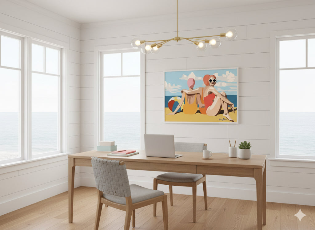 Three women in swimsuits sitting on a beach with a colourful ball and blue sky. Retro pop art print. Framed on a coastal house home office wall.