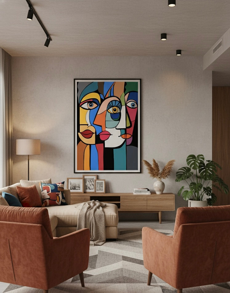 Abstract artwork of three stylised faces with colourful geometric shapes In a cosy living room.