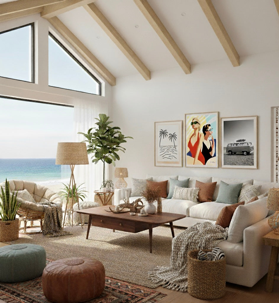Two women in swimsuits and sunglasses against a colourful background, retro print As part of a gallery on a coastal home living room wall.