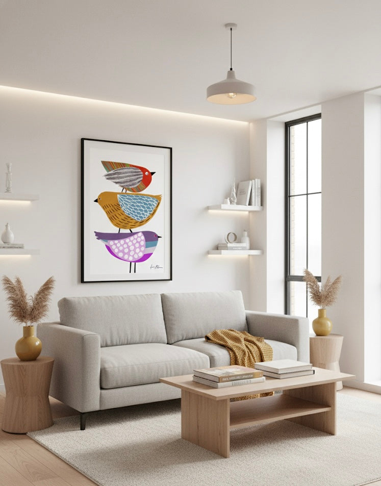 Stack of Birds A Celebration of Balance and Beauty Three stylised birds with colourful patterns on a white background In a living room 