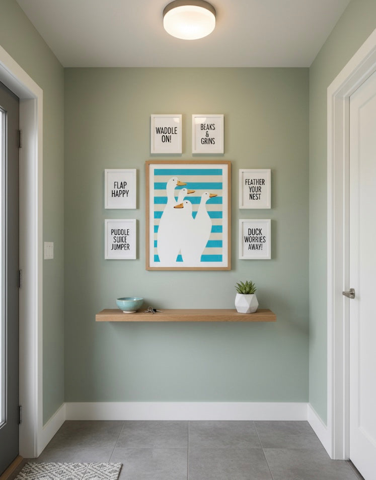 Art print gallery of four white ducks with orange beaks on a blue and beige striped background. In a modern entry hall with a humourus duck inspired gallery.