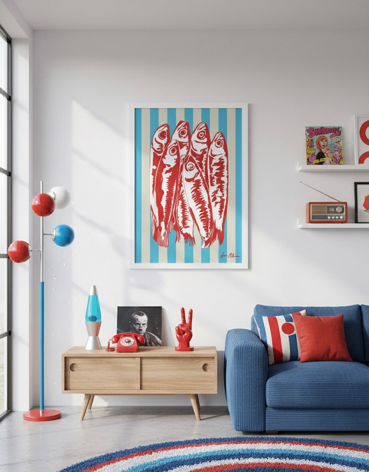Red sardines art print illustration on a blue and beige striped background on a living room wall.