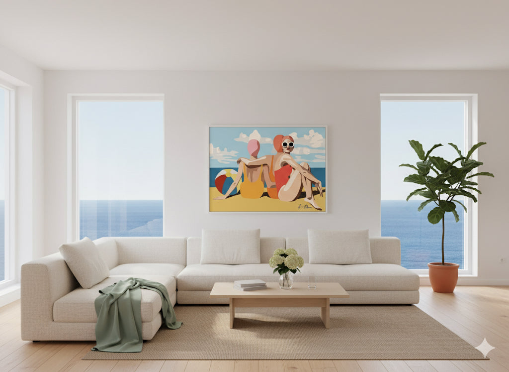 Three women in swimsuits sitting on a beach with a colourful ball and blue sky. Retro pop art print. Framed on a coastal house wall.