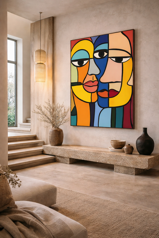 Held Gaze by Ilana McBain, 170 x 240 cm monumental oil painting displayed in a contemporary architectural interior with stone bench, plaster walls and soft natural light.