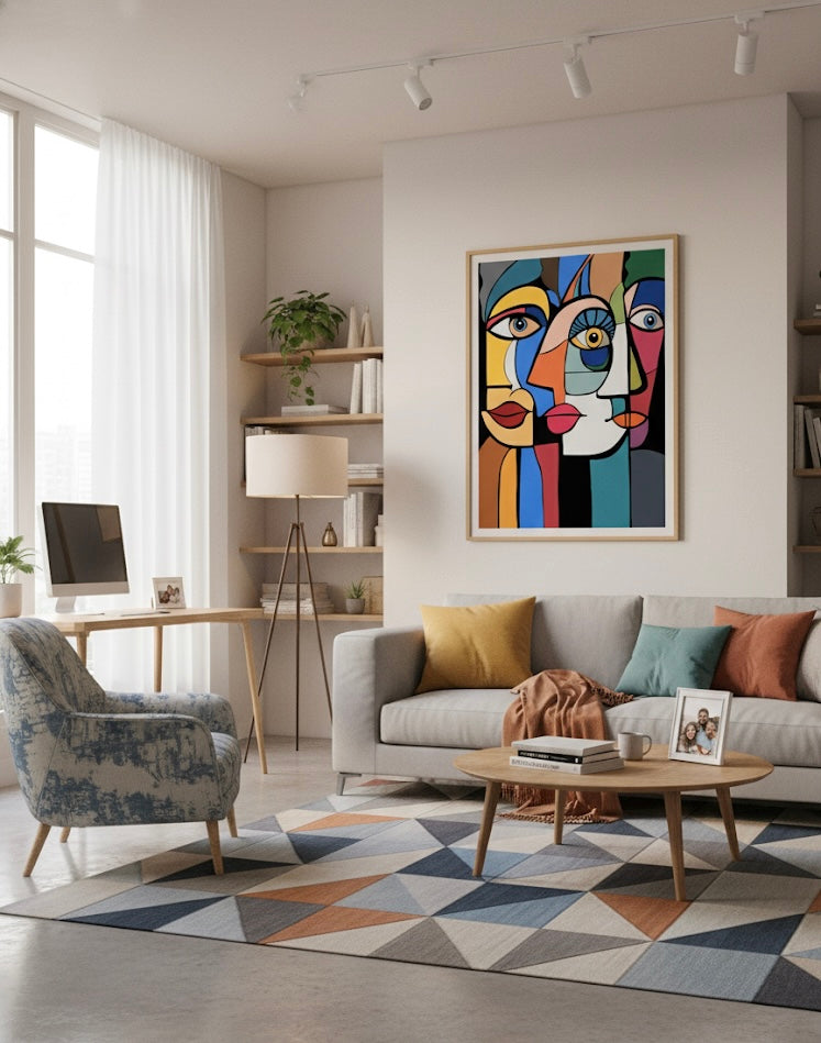 Abstract artwork of three stylised faces with colourful geometric shapes, in a modern living room. 